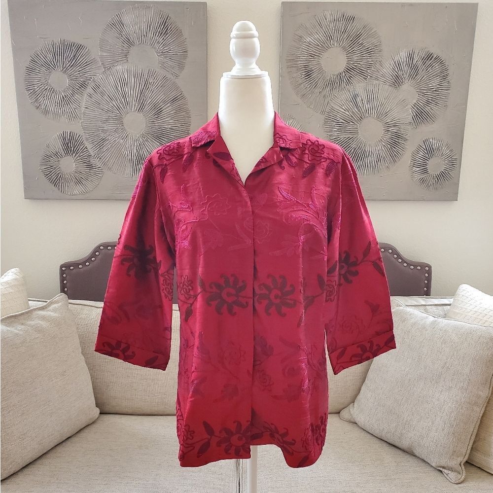 Chico's Design Silk Embroidered Button Down Shirt Sz Med
